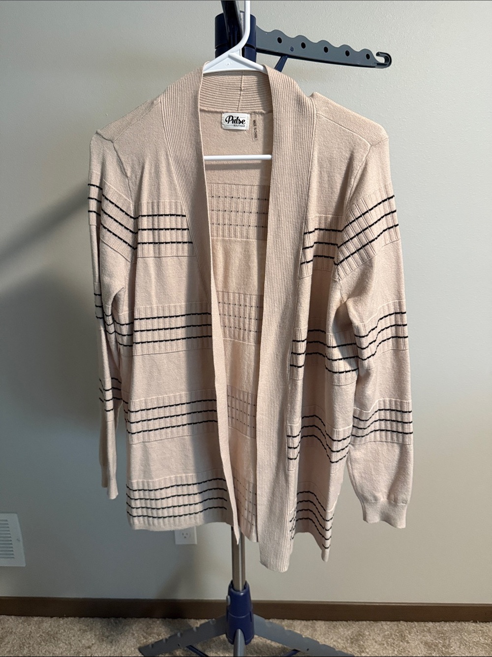 Pulse Open-Front Cream Cardigan with Black Stripe Accents